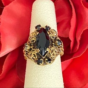 Czech Glass Black /Antique Gold Adjustable Ring Size 7.5 +/- (Adjustable)